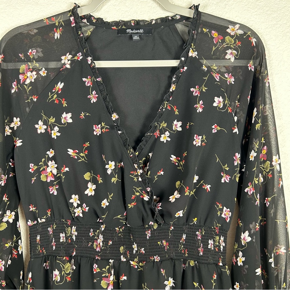 Madewell SP peasant faux wrap, v-neck, midi dress w/waist smocking and cuffs, - Picture 3 of 10